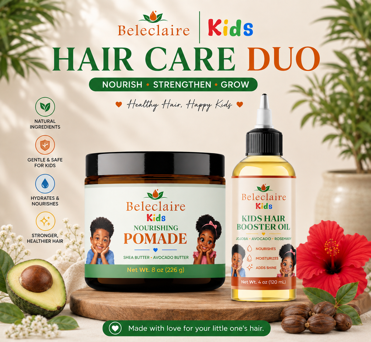 Beleclaire Kids Nourish 8oz & Shine Hair Care Duo 4oz